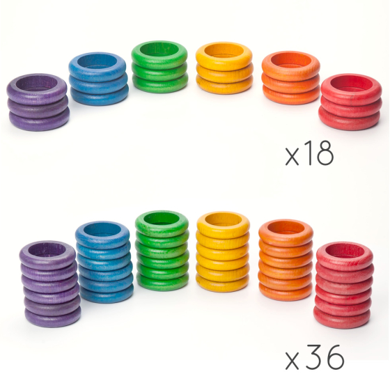 Grapat Loose Parts Wooden Rainbow Rings 6 Colours Supplementary Set, stacked in sets of 18 and 36