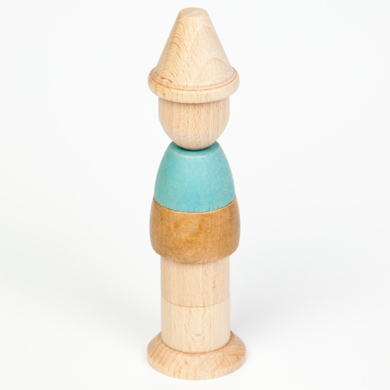 The Grapat Stacking Figure Wooden Stacker Toy, stacked in a human figure form. Made from natural wood and a pastel blue painted section. White background. 