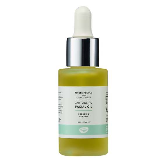 Green People Anti-Ageing Facial Oil with Sequoia and Rosehip in a dropper bottle, pictured on a plain background 