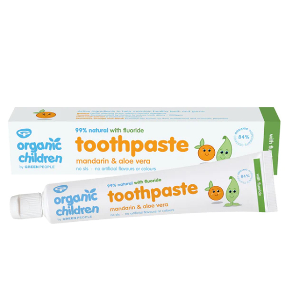 Organic Children Toothpaste Mandarin & Aloe Vera with Fluoride, tube pictured next to cardboard box on a plain background