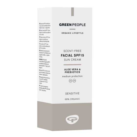 Green People Scent Free Facial SPF15 Sun Cream in it's box pictured on a plain background