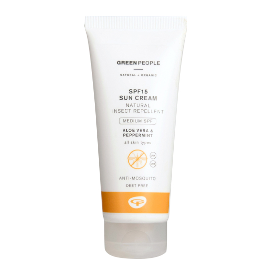 Green People Mineral Sun Cream SPF 15 with Natural Insect Repellent 100ml bottle on a white background