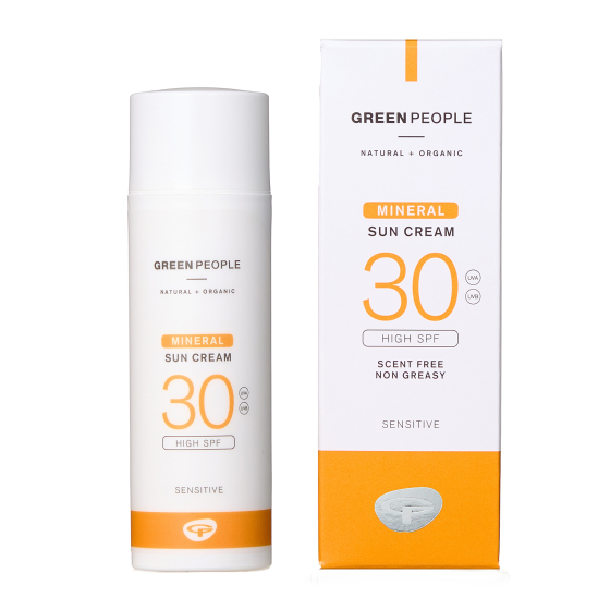 Green People Natural and Organic Mineral Suncream SPF30 Scent Free, bottle and box on a white background
