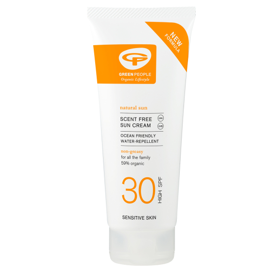 Green People Organic Mineral Sun Cream Scent Free SPF30 200ml in a white plant-based tube. White background.