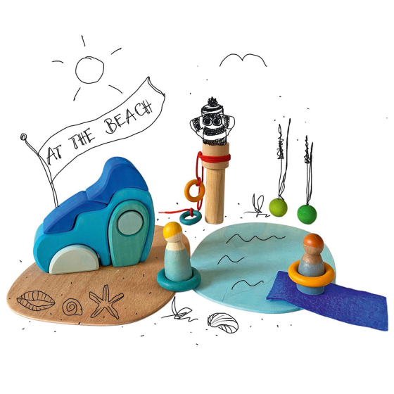 Grimm's kids wooden small world play: by the water toy set laid out on a white background