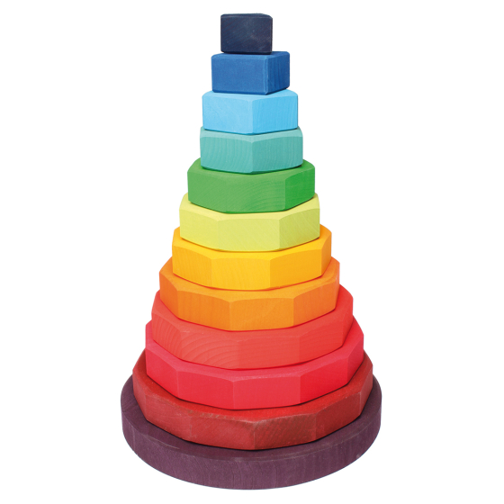 Grimm's large geometric stacking toy pictured on a plain background 