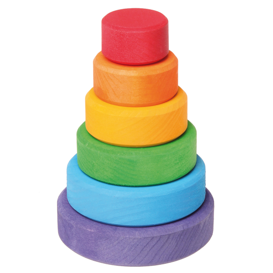 Grimm's small rainbow conical tower stacking toy pictured on a plain background 
