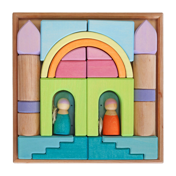 Grimm's Building World Cloud Play Blocks. Colourful and natural building blocks in a wooden tray, ready to create a magical world full of imagination! This set has a combination of natural and colourful blocks in various shapes and sizes, two wooden doors