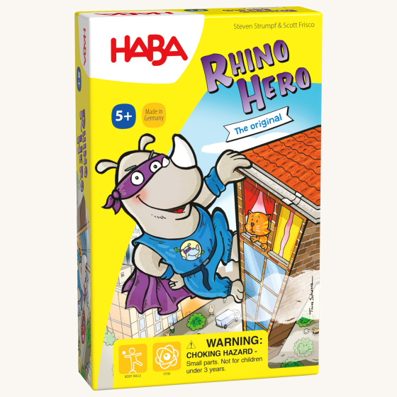 HABA Rhino Hero Card Stacking Game. The Rhino Stacking Game box, with a fun illustration on the front, on a cream background