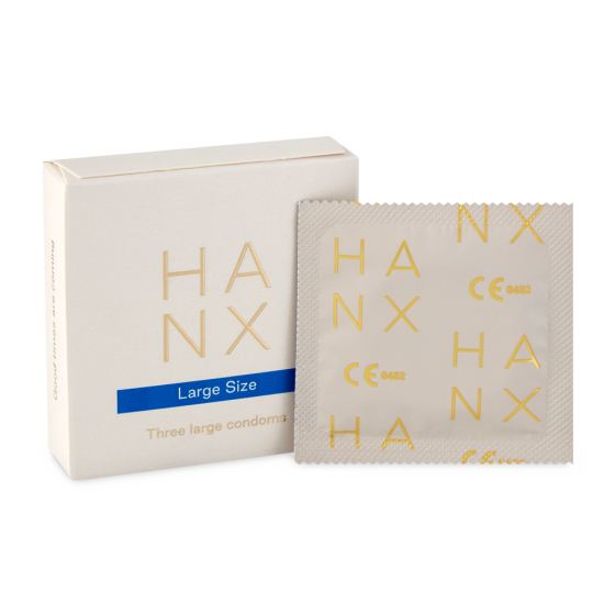 Hanx large Vegan latex condom on a white background next to its box