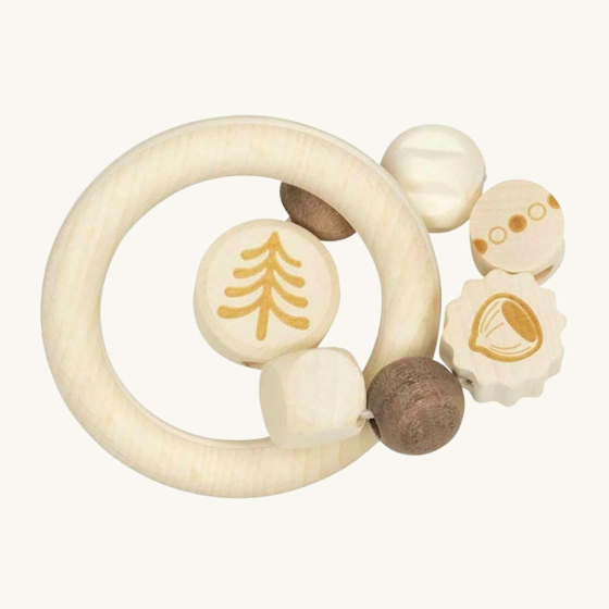 Heimess natural wooden squirrel baby teether toy on a beige background