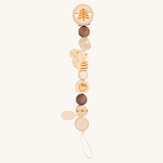 Heimess natural wooden baby teether chain toy in the squirrel design on a beige background
