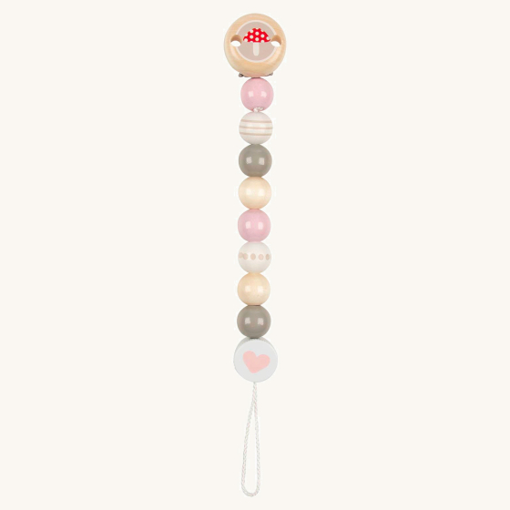 Heimess natural wooden toadstool baby teething chain on a beige background