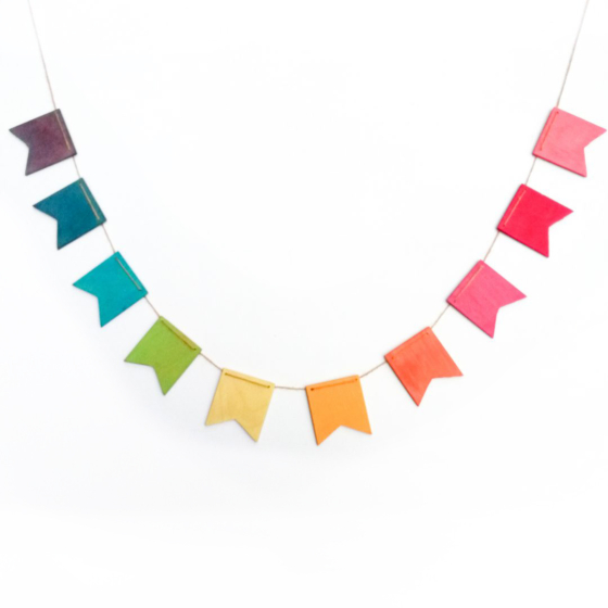 Hellion Toys eco-friendly handmade wooden rainbow bunting on a white background