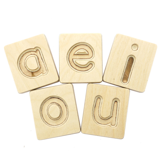 Hellion Toys eco-friendly wooden vowel blocks laid out in 2 rows on a white background