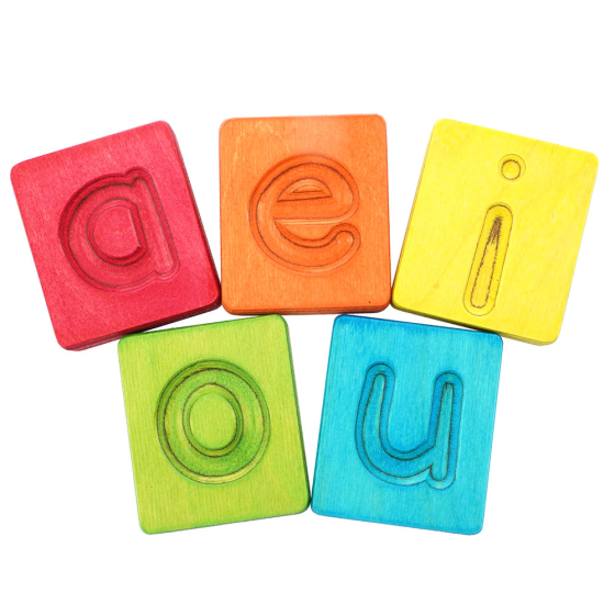 Hellion Toys eco-friendly rainbow vowel cubes laid out in 2 rows on a white background