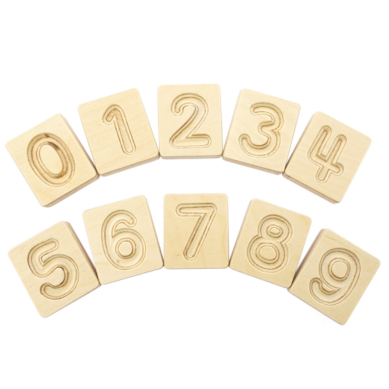 Hellion Toys handcrafted eco-friendly natural wood number cubes lined up in 2 arched rows on a white background