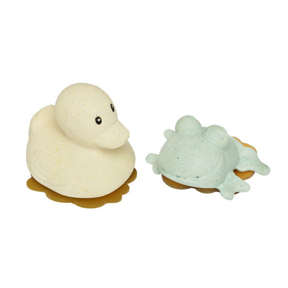 Hevea Sand Duck and Sage Frog bath toys with removable bases on a white background