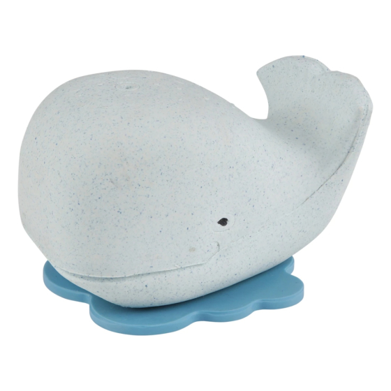 Hevea Squeeze'n'splash Whale Bath toy in Blizzard Blue with dark blue base. White background