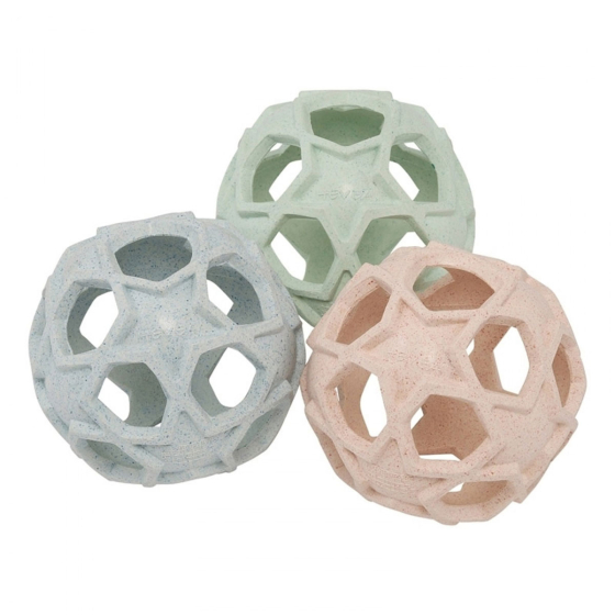 Hevea Natural Rubber Upcycled Star Activity Balls in blue, pink and mint on a white background