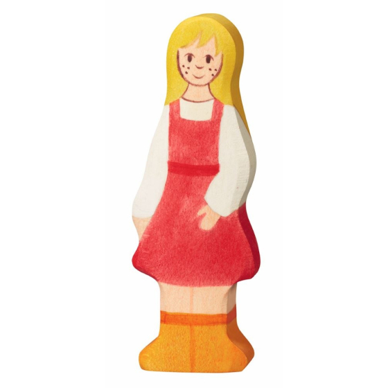 Holztiger wooden daughter figure in a red dress pictured on a plain background