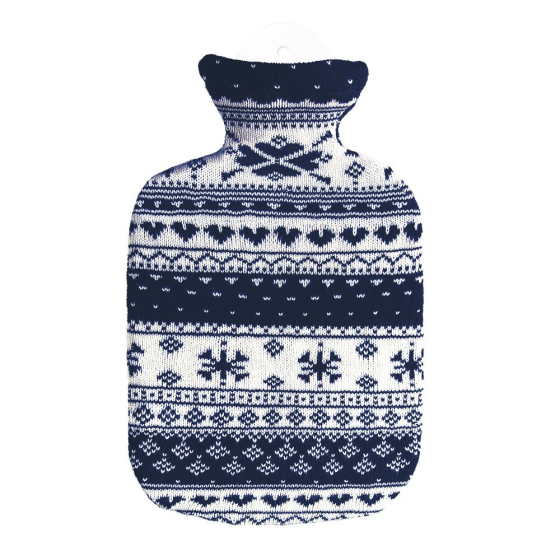 Eco Living natural rubber hot water bottle in Norwegian print. Navy blue and white snow flake and heart pattern. On a white background