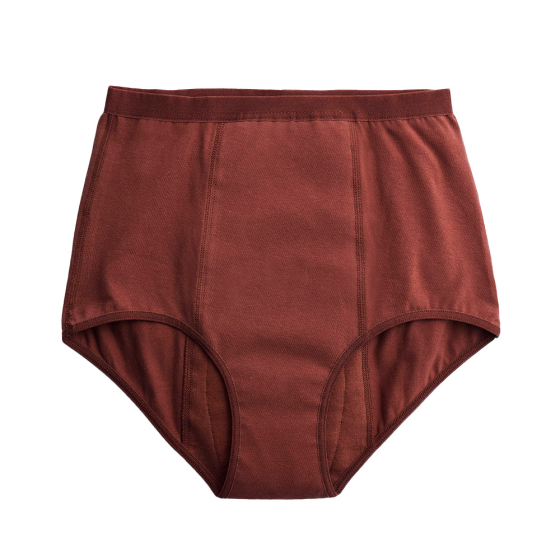Front of the Imse Vimse womens high waist heavy flow period pants in the rusty bordeaux colour on a white background