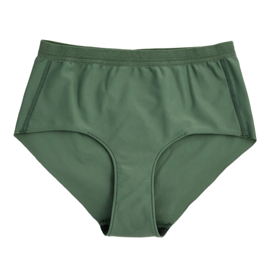Front of the imse vimse reusable workout period pants in the olive green colour on a white background