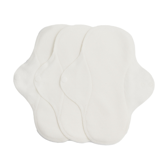 3 white Imse Vimse small reusable period pads on a white background