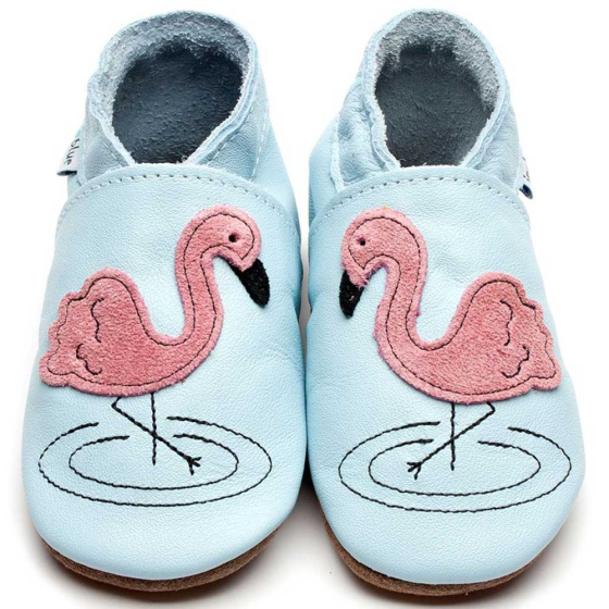 Inch Blue Flamingo baby shoes with applique suede flamingo stitched on
