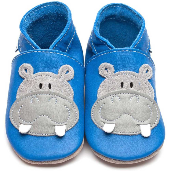 Inch Blue applique grey hippo sewn onto blue leather
