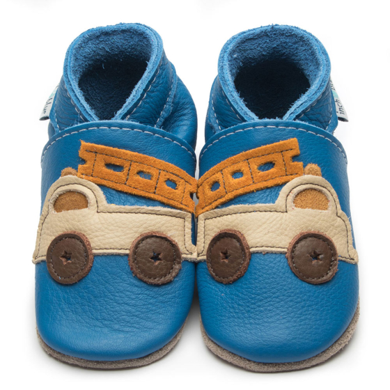 Inch Blue Leather Baby Shoes - Firetruck Blue/Cream on a white background