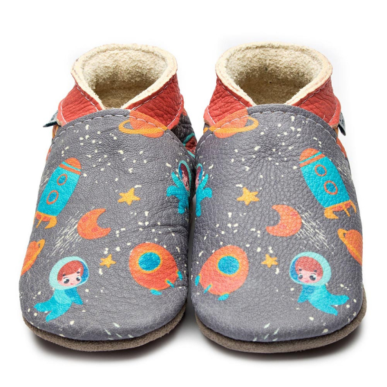 Inch Blue Leather Baby Shoes - Space Adventure on white background