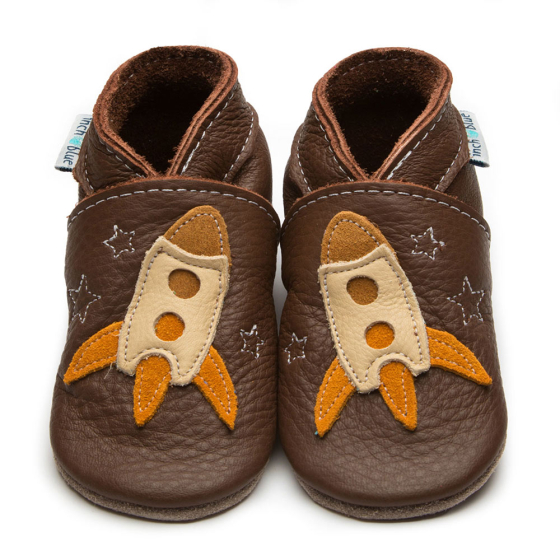 Inch Blue Leather Baby Shoes - Zoom Chocolate applique on a white background