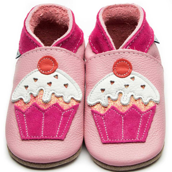 Inch Blue little cupcake pink leather baby shoes with suede collar and sewn on applique cupcake