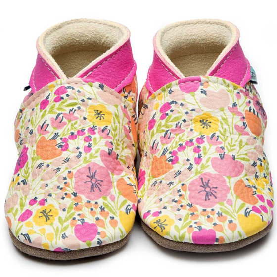 Inch Blue Summer Blush wild flowers in soft pinks yellows and peaches with pink collar, leather baby shoes
