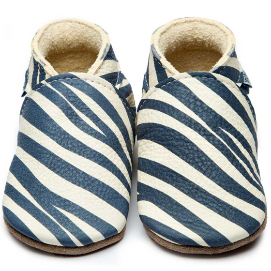 Inch blue wild child leather baby shoes with navy zebra stripes