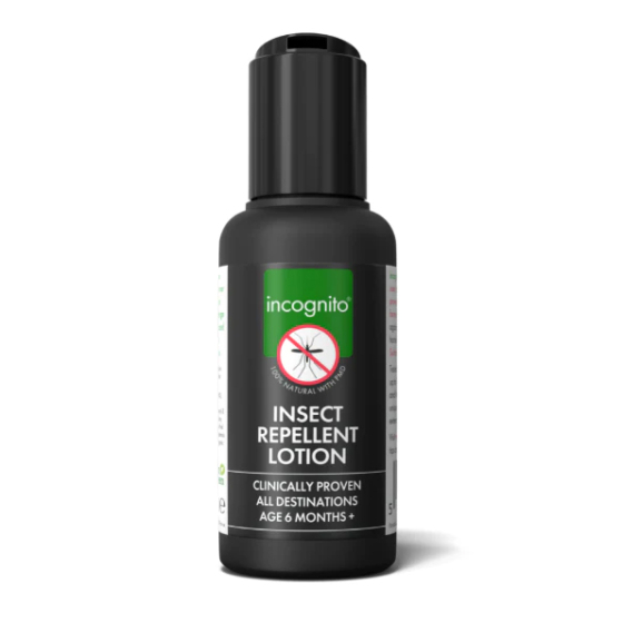 Incognito Natural Anti-Mosquito Insect Repellent Lotion 50ml pictured on a plain background, in a black sugar cane bottle. 