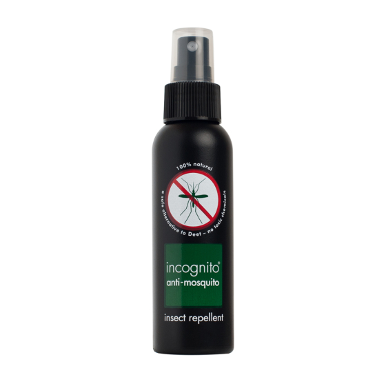 Incognito Natural Deet-Free Mosquito & Insect Repellent Spray 100ml, a black spray bottle on a white background