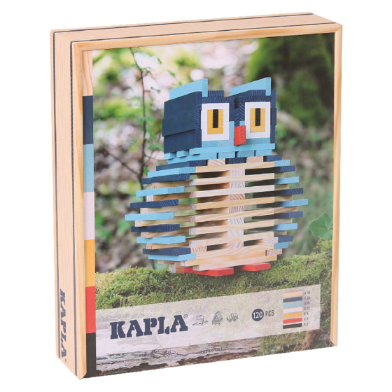 Kapla handmade stacking Owl case toy set on a white background