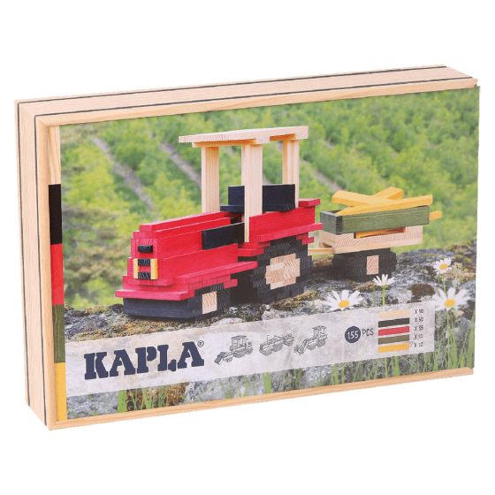 Kapla handmade wooden 155 piece building blocks tractor case on a white background