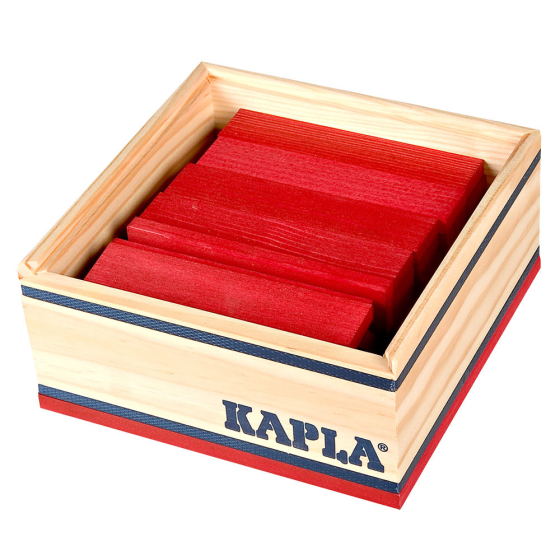 Kapla red eco-friendly wooden block set in its box on a white background