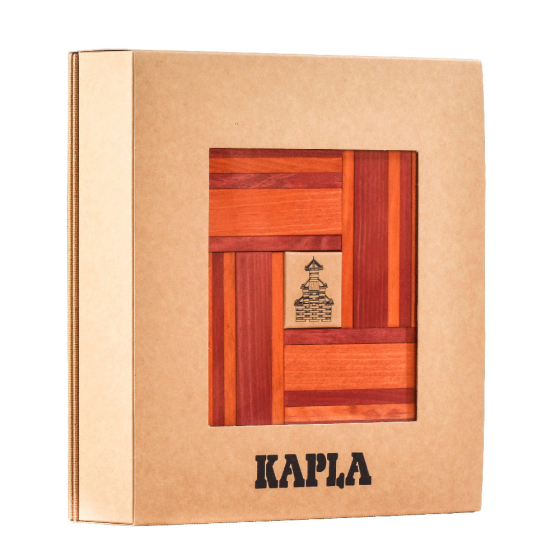 Kapla eco-friendly wooden red and orange book and building block set on a white background