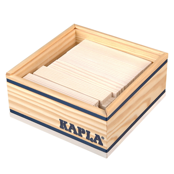 Kapla eco-friendly white wooden building blocks in their box on a white background