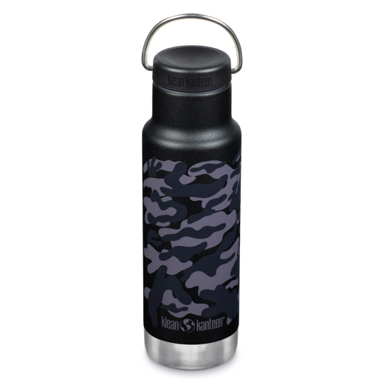 Klean Kanteen 12oz black camo stainless steel insulated classic narrow drinks bottle on a white background