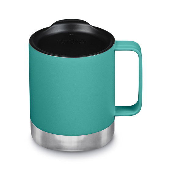 Klean Kanteen stainless steel insulated travel mug in porcelain green, with the lid on, on a white background