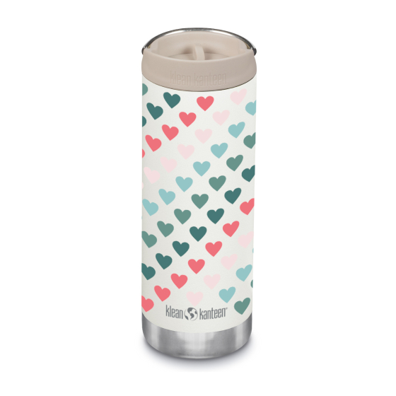 Limited Edition Klean Kanteen 16oz Cafe Cap - Valentine's Hearts. A light cream/off white Klean Kanteen with colouful pink, red, green and blue hearts in a repeated pattern, spiraling around the Klean Kanteen, on a white background