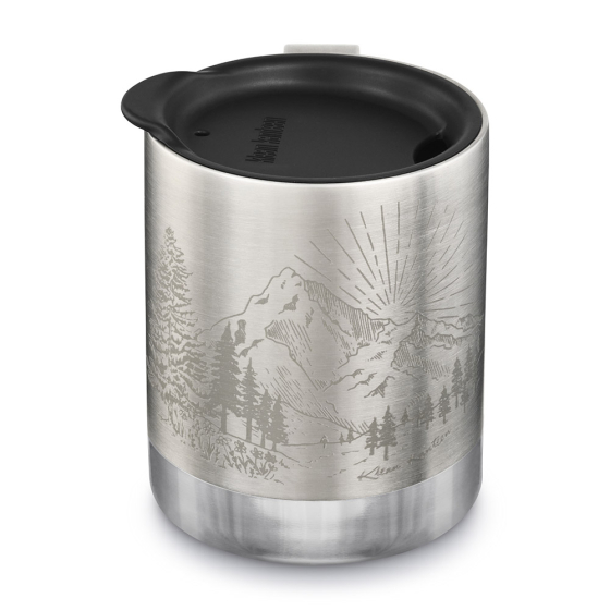 Klean Kanteen stainless steel insulated travel mug in brushed stainless mountain on a white background