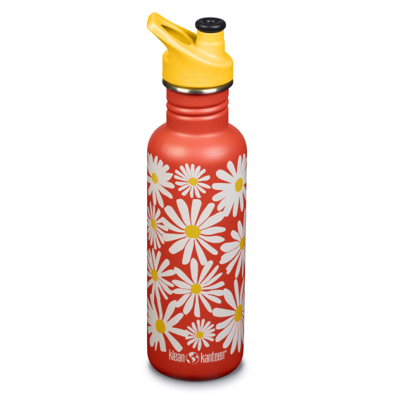 Klean Kanteen 27oz Classic Narrow Sport 2023 Daisy. A fun white daisy print on a red bottle, with a yellow sports cap on a white background