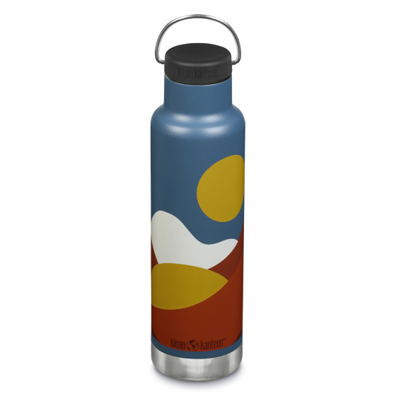 Klean Kanteen 20oz / 592ml Insulated Classic Loop Cap Bottle - Mountains. An artistic Mountain print with soft curved mountain in burnt orange, yellow and white, with a large yellow sun on a blue bottle. With a black loop cap on a white background